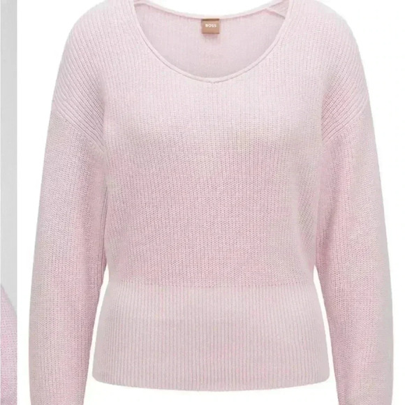NWT Boss SCOOP-NECK FAVANNAH SWEATER IN COTTON SILK Pastel Pink M - Picture 1 of 7